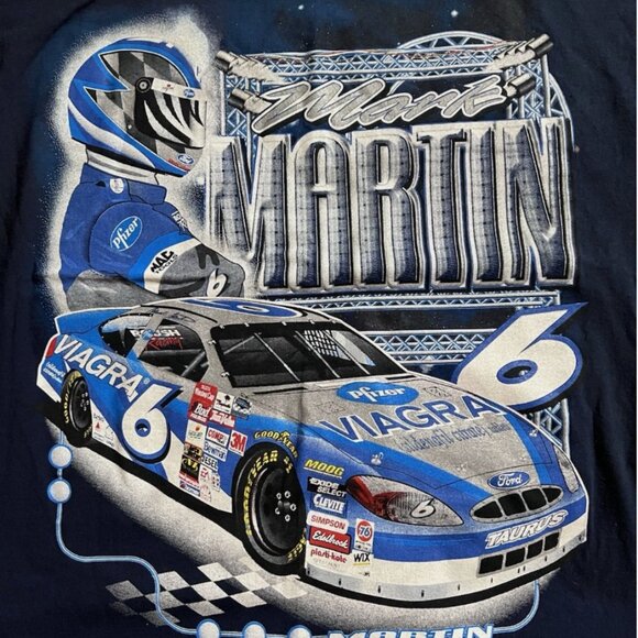 Vtg Nascar Shirt Mens Large Black Cut Tag Blue Pill Mark Martin 90s Y2K All Over - Picture 5 of 6